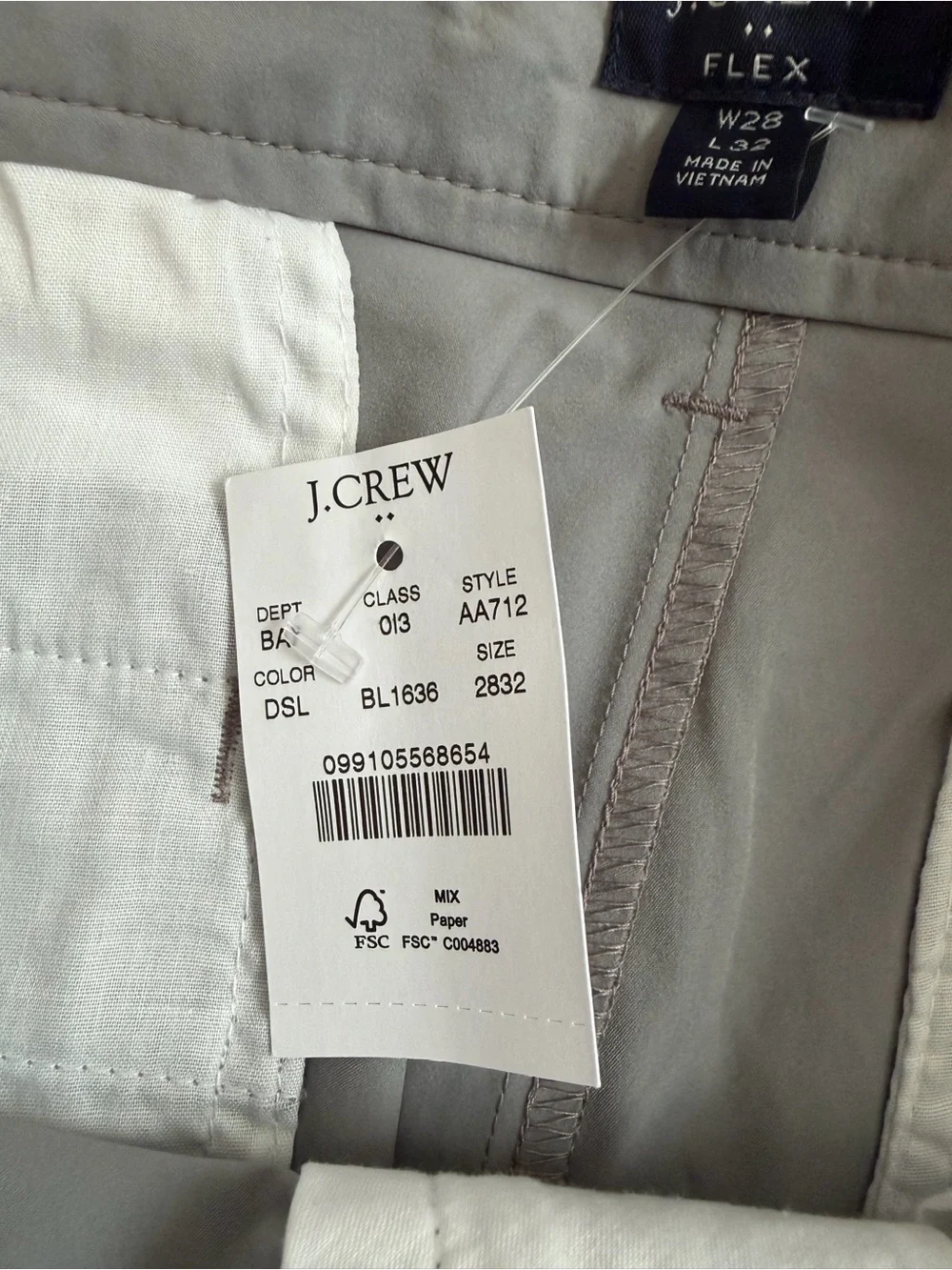 J.Crew Flex Chino Pants Men's Size 28 x 32 Gray Slim‎ Fit Style AA712 Casual NWT